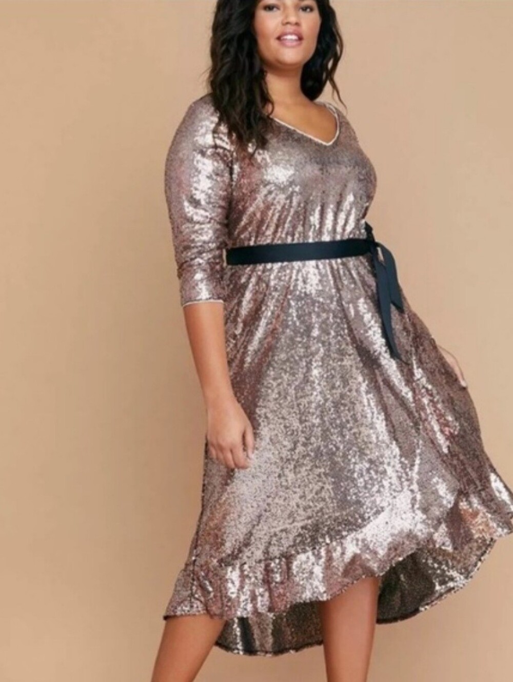 Lane Bryant Rose Gold Sequin Cocktail Dress with Black Waist Tie | Plus-Size NWT